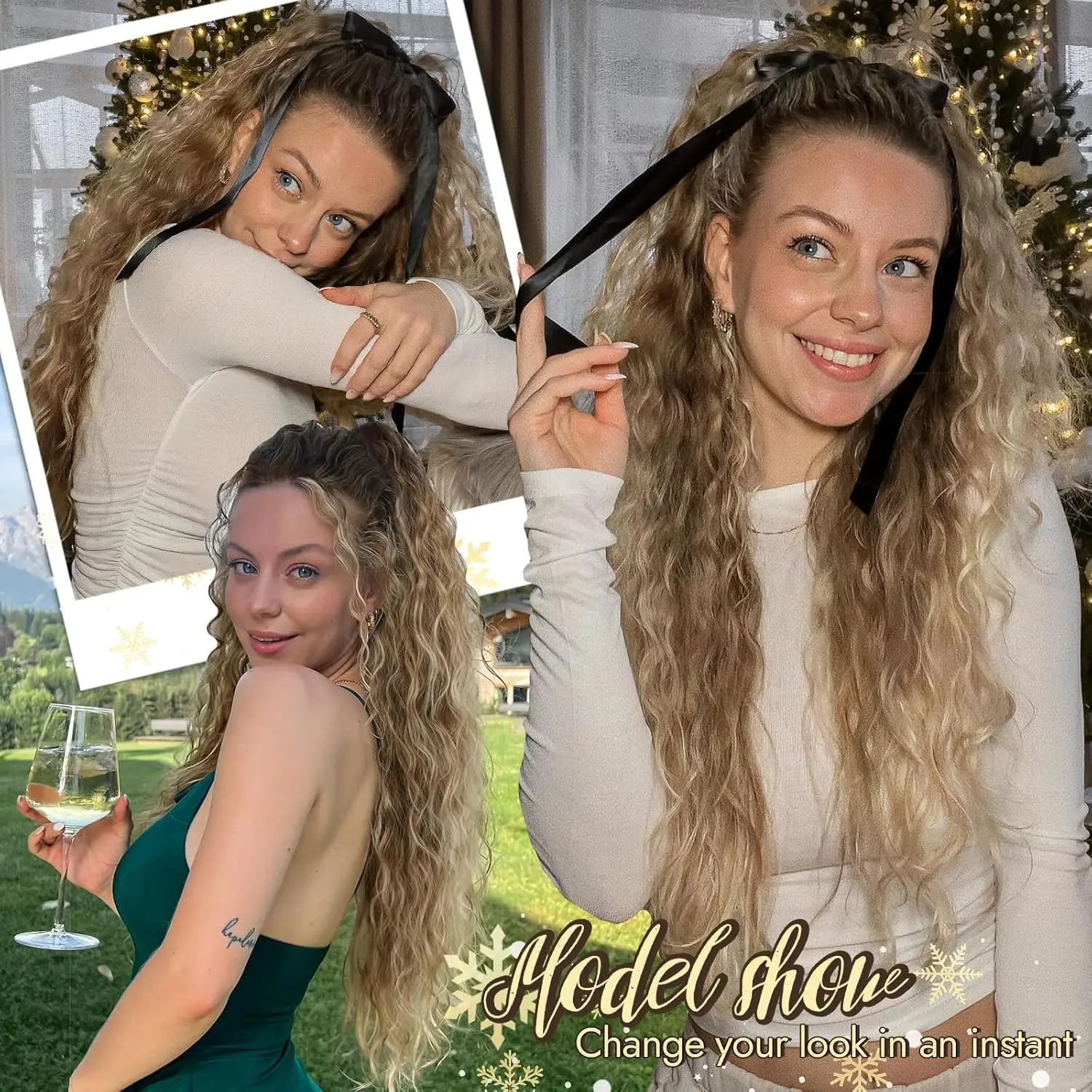 This 26-inch curly ponytail extension features a claw clip for easy attachment, offering a fluffy, natural-looking style with a black root and blonde ombre.