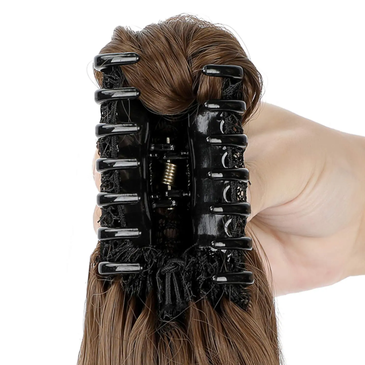 This FELENDY ponytail extension claw clip in dark brown adds instant volume and length, creating a natural-looking curly or straight hairstyle for women.