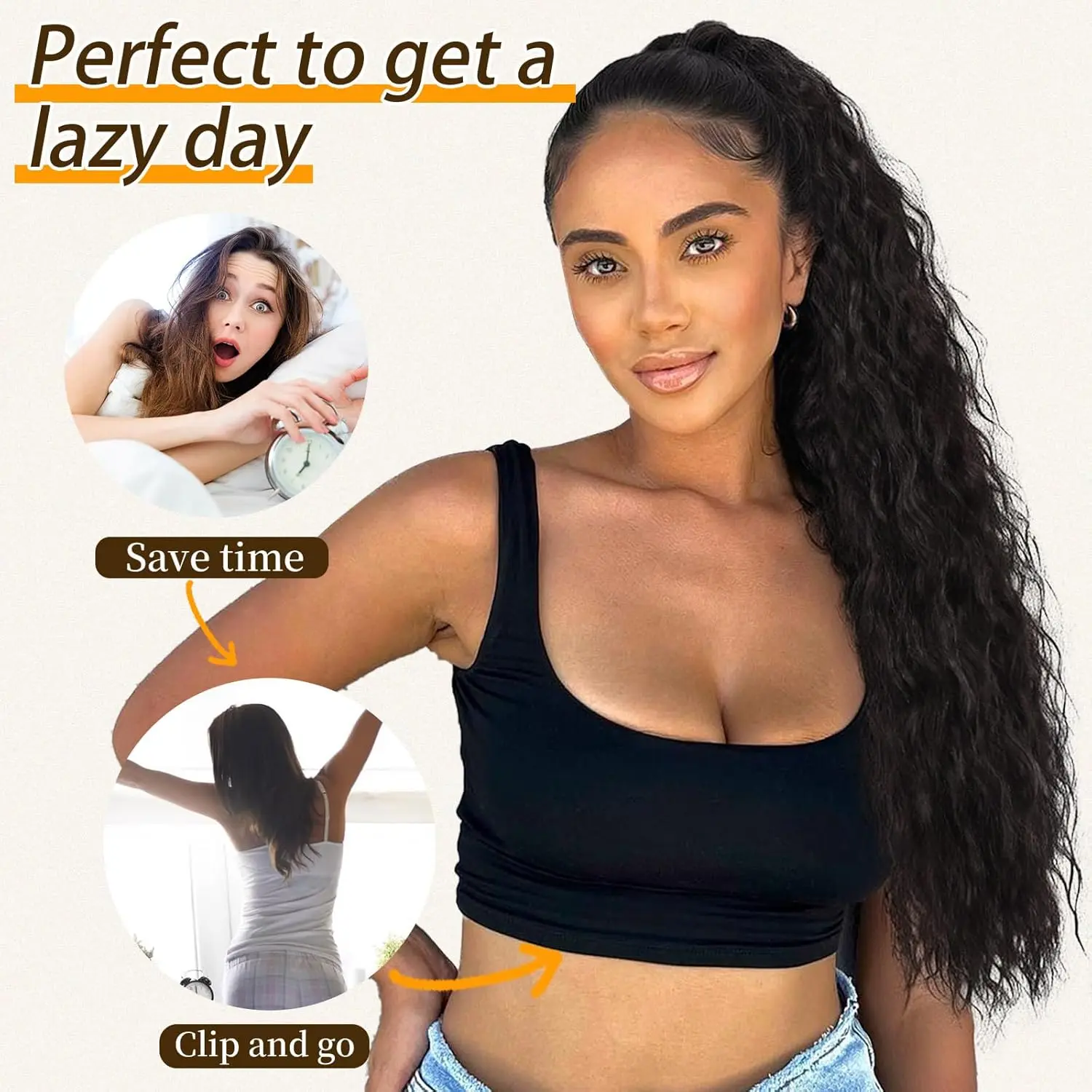 This 26-inch curly ponytail extension features a claw clip for easy attachment, offering a fluffy, natural-looking style with a black root and blonde ombre.