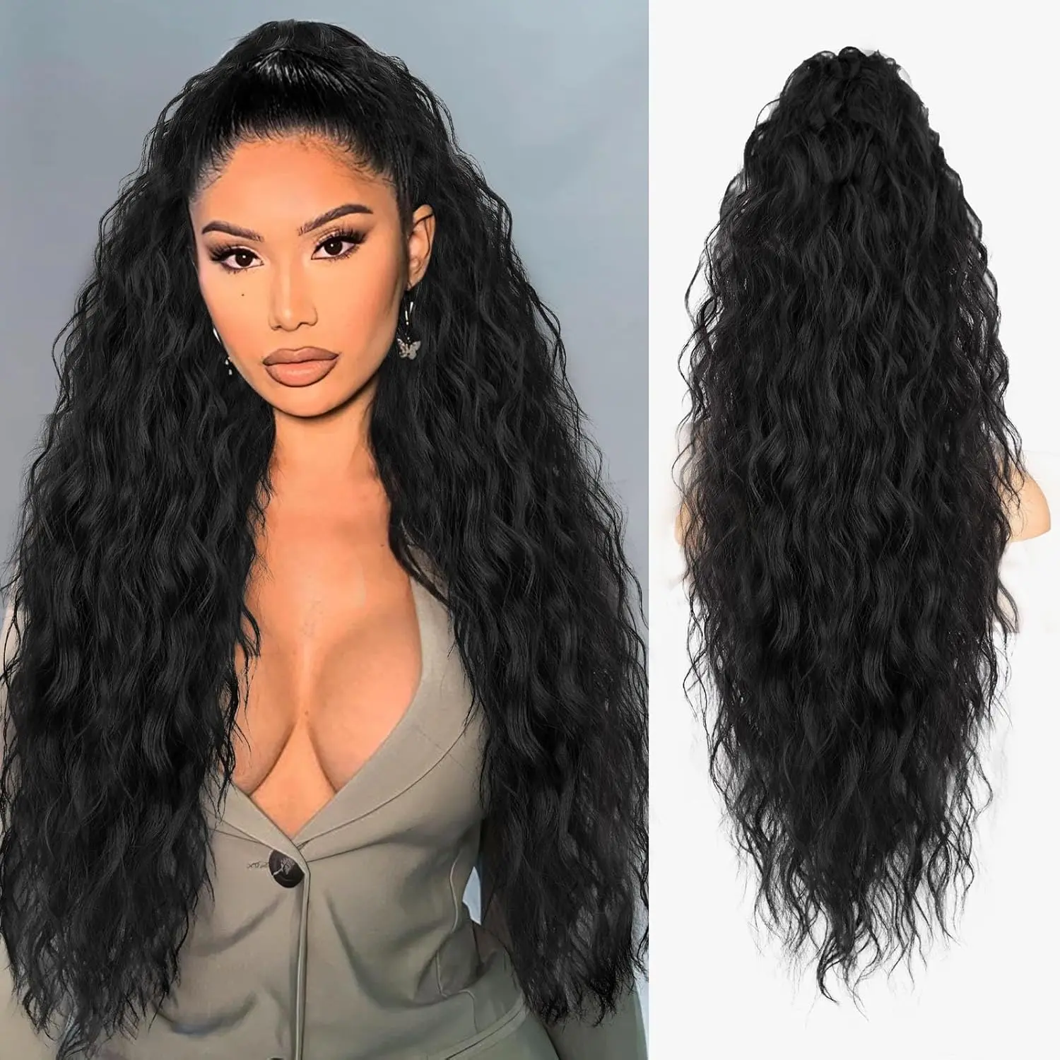 This 26-inch curly ponytail extension features a claw clip for easy attachment, offering a fluffy, natural-looking style with a black root and blonde ombre.