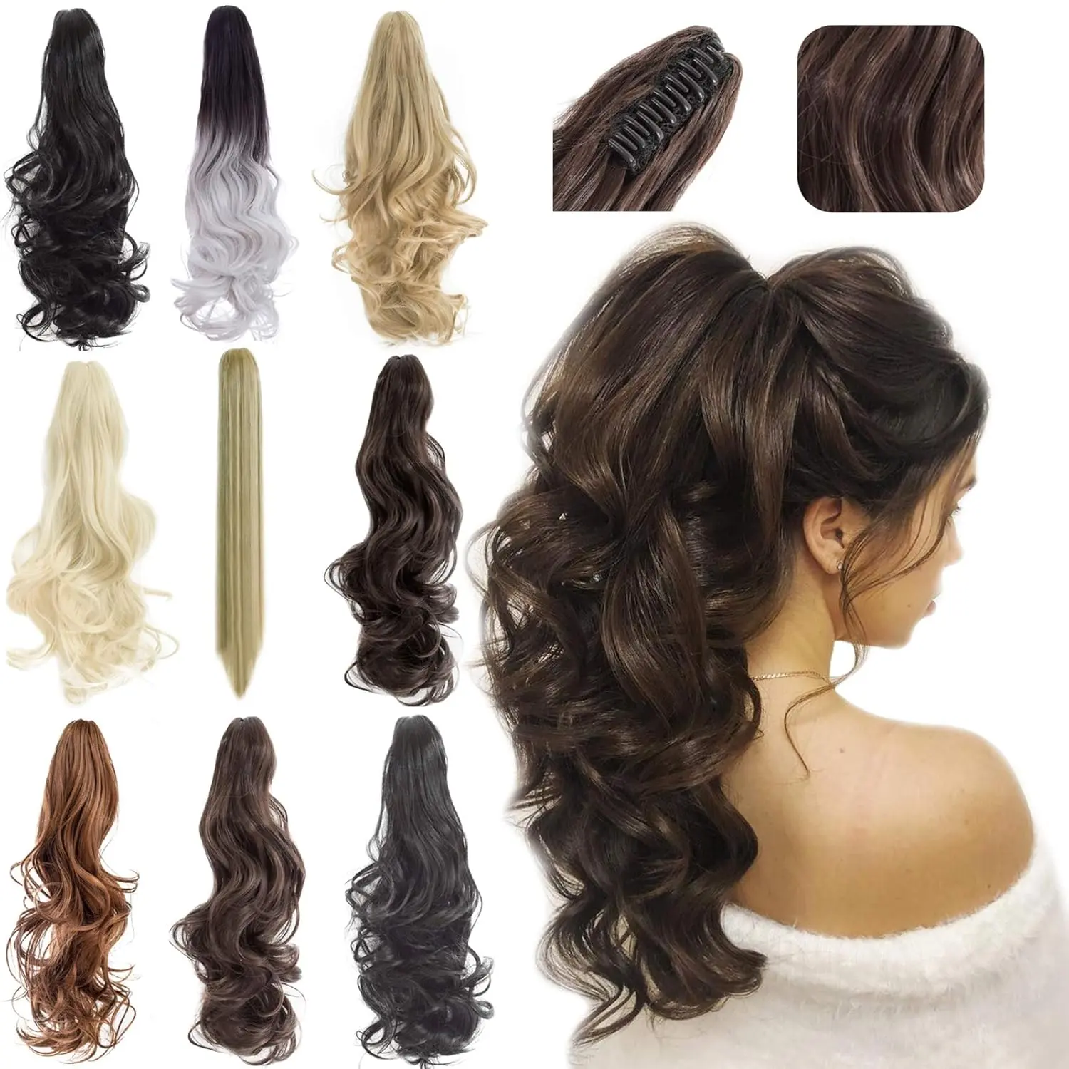 This FELENDY ponytail extension claw clip in dark brown adds instant volume and length, creating a natural-looking curly or straight hairstyle for women.