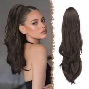 This FESHFEN dark brown drawstring ponytail extension features a long, wavy, layered style made from natural-looking heat-resistant synthetic fiber for women.