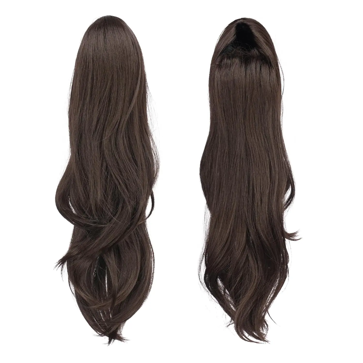 This FESHFEN dark brown drawstring ponytail extension features a long, wavy, layered style made from natural-looking heat-resistant synthetic fiber for women.