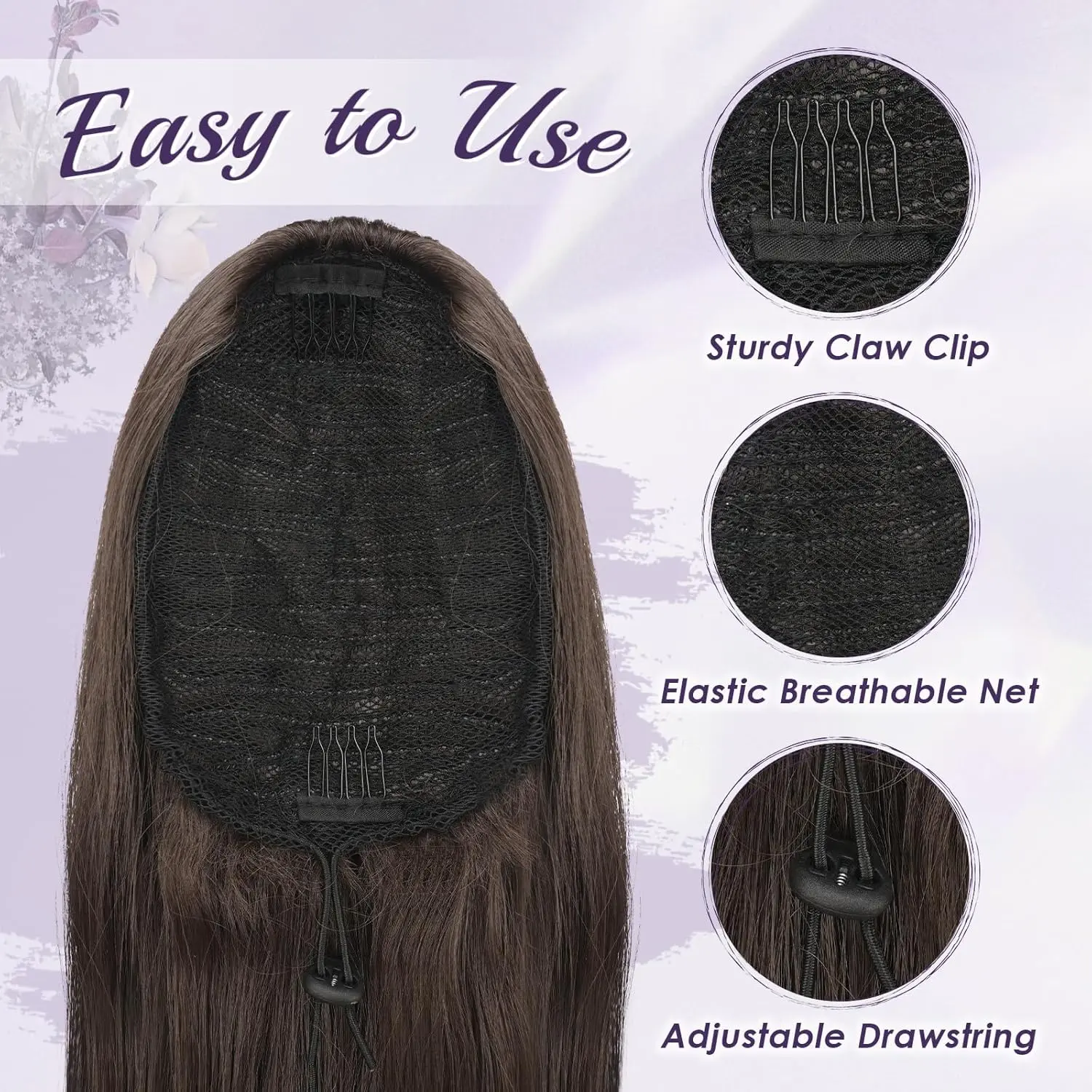 This FESHFEN dark brown drawstring ponytail extension features a long, wavy, layered style made from natural-looking heat-resistant synthetic fiber for women.