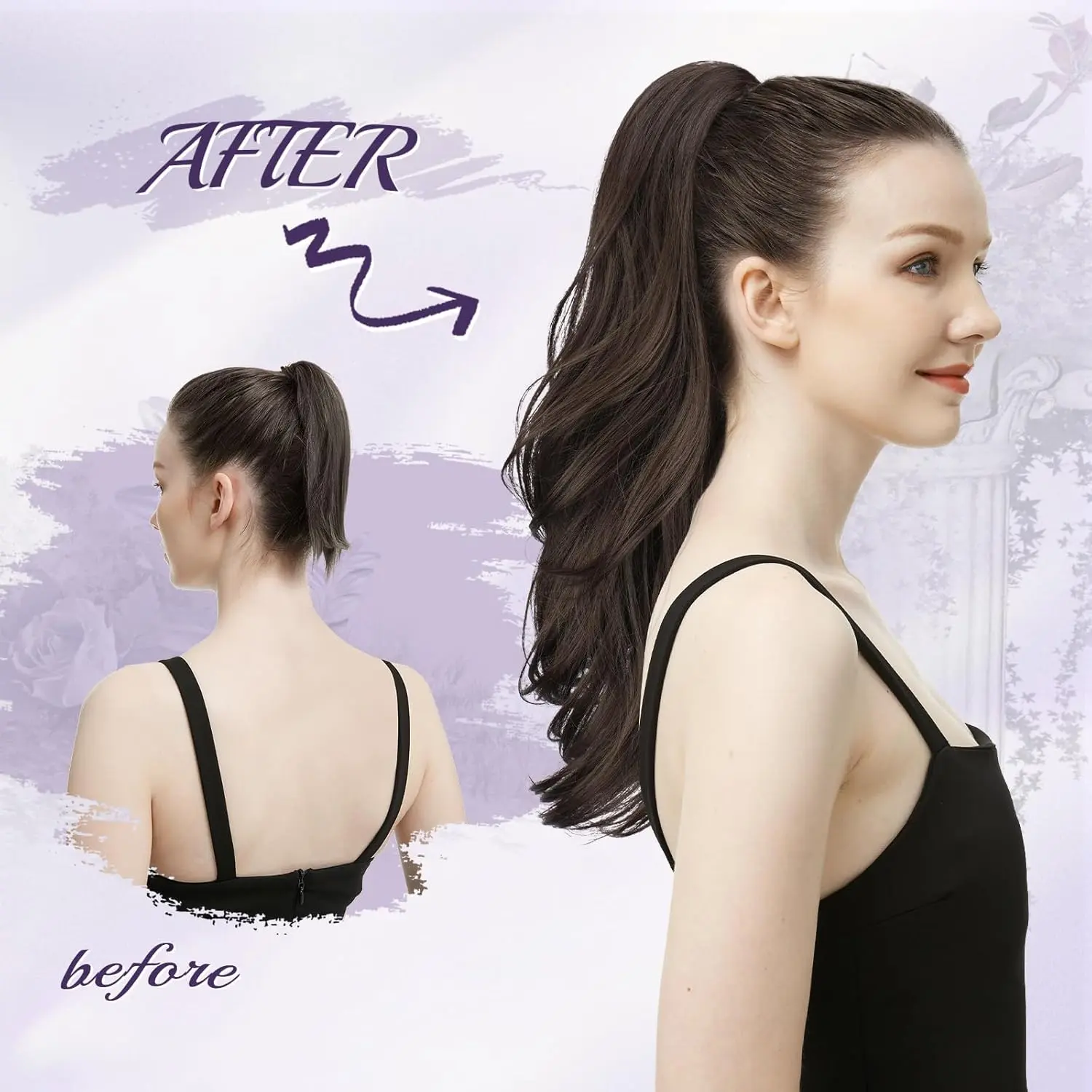 This FESHFEN dark brown drawstring ponytail extension features a long, wavy, layered style made from natural-looking heat-resistant synthetic fiber for women.