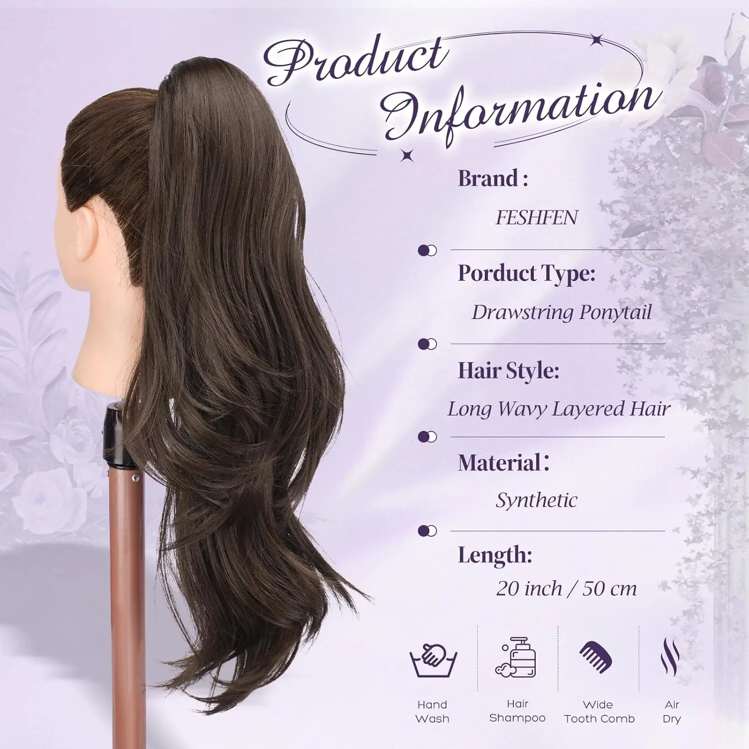 This FESHFEN dark brown drawstring ponytail extension features a long, wavy, layered style made from natural-looking heat-resistant synthetic fiber for women.