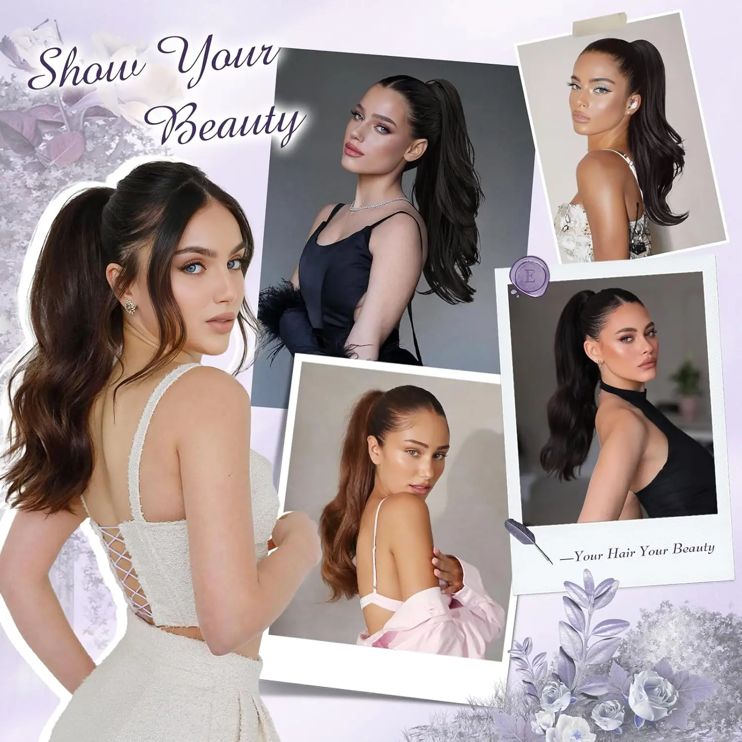 This FESHFEN dark brown drawstring ponytail extension features a long, wavy, layered style made from natural-looking heat-resistant synthetic fiber for women.