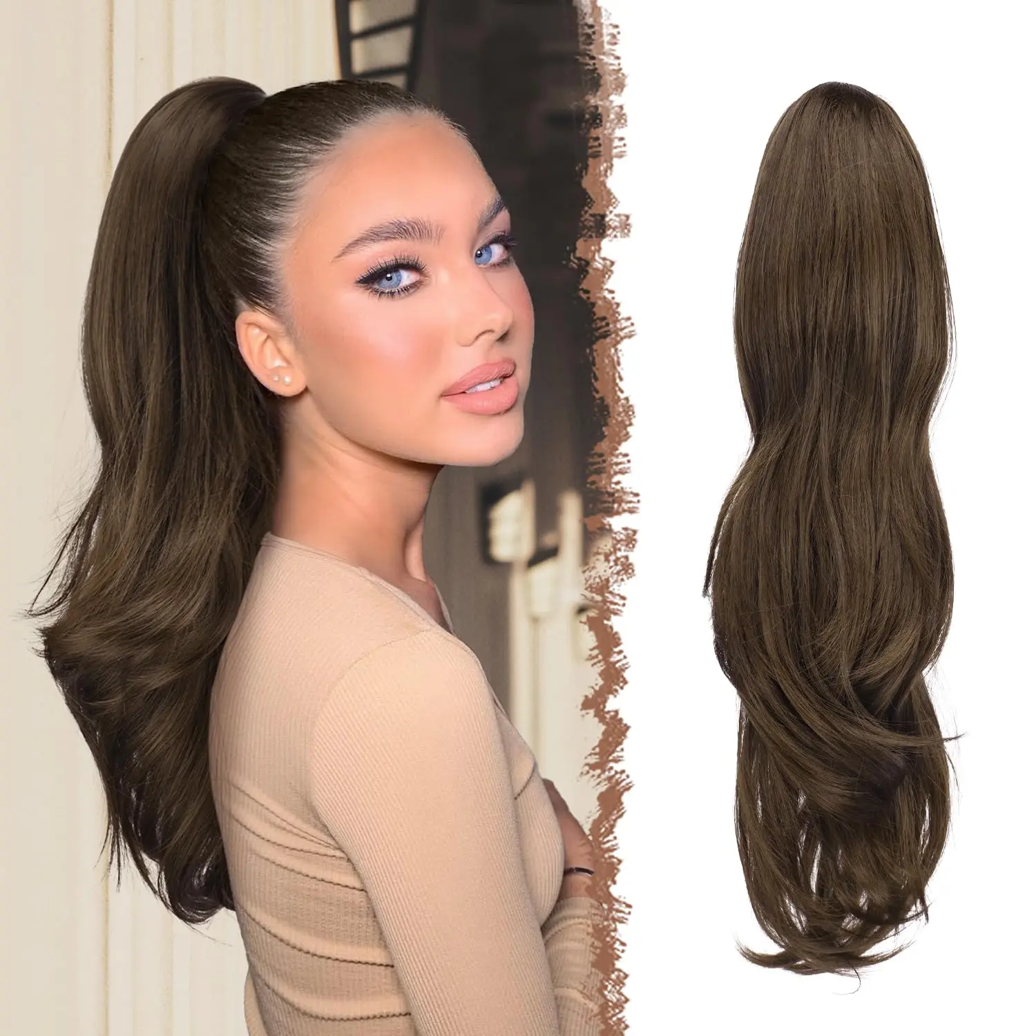 This FESHFEN dark brown drawstring ponytail extension features a long, wavy, layered style made from natural-looking heat-resistant synthetic fiber for women.