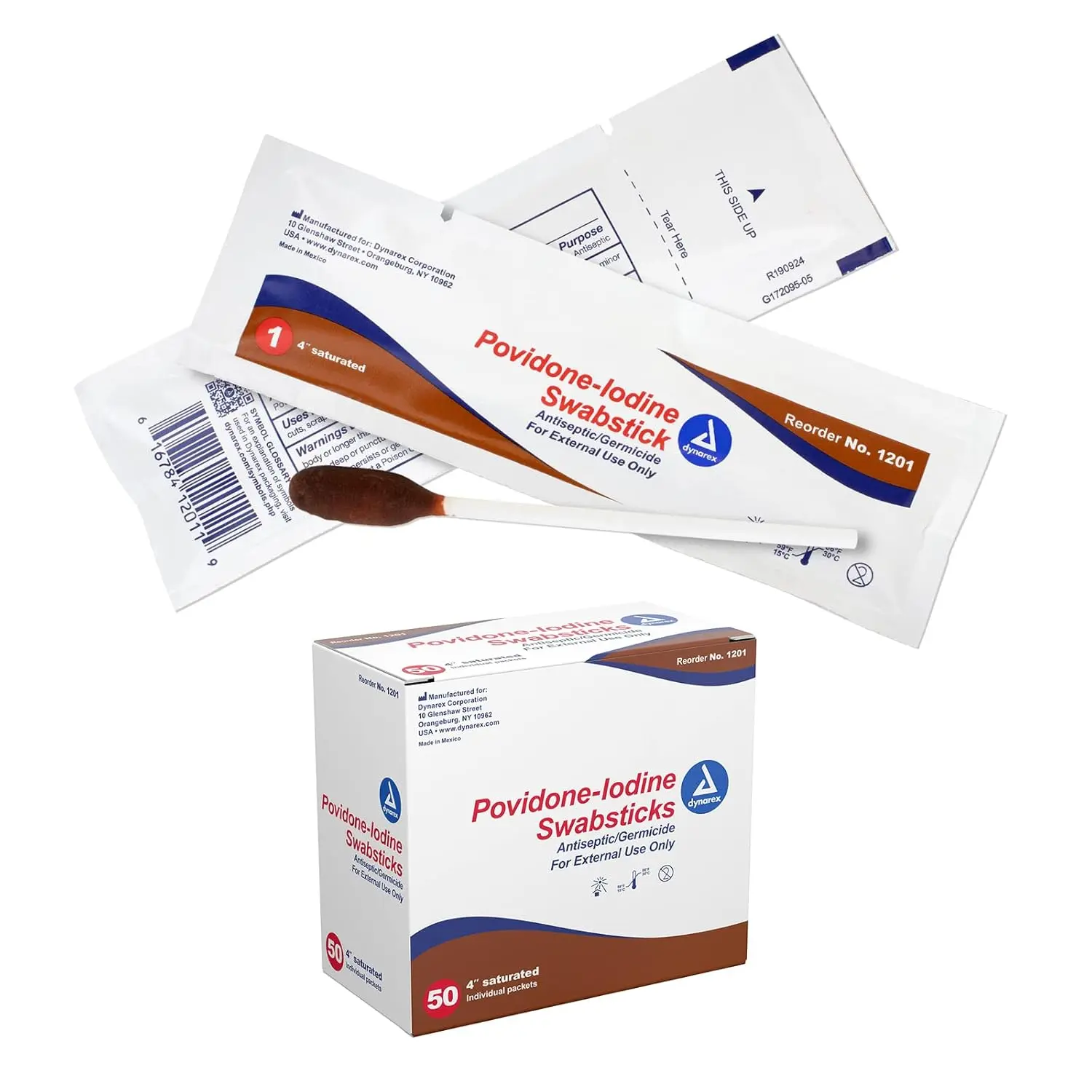 Dynarex povidone iodine swabsticks in individual foil packs for antiseptic skin preparation before minor procedures.