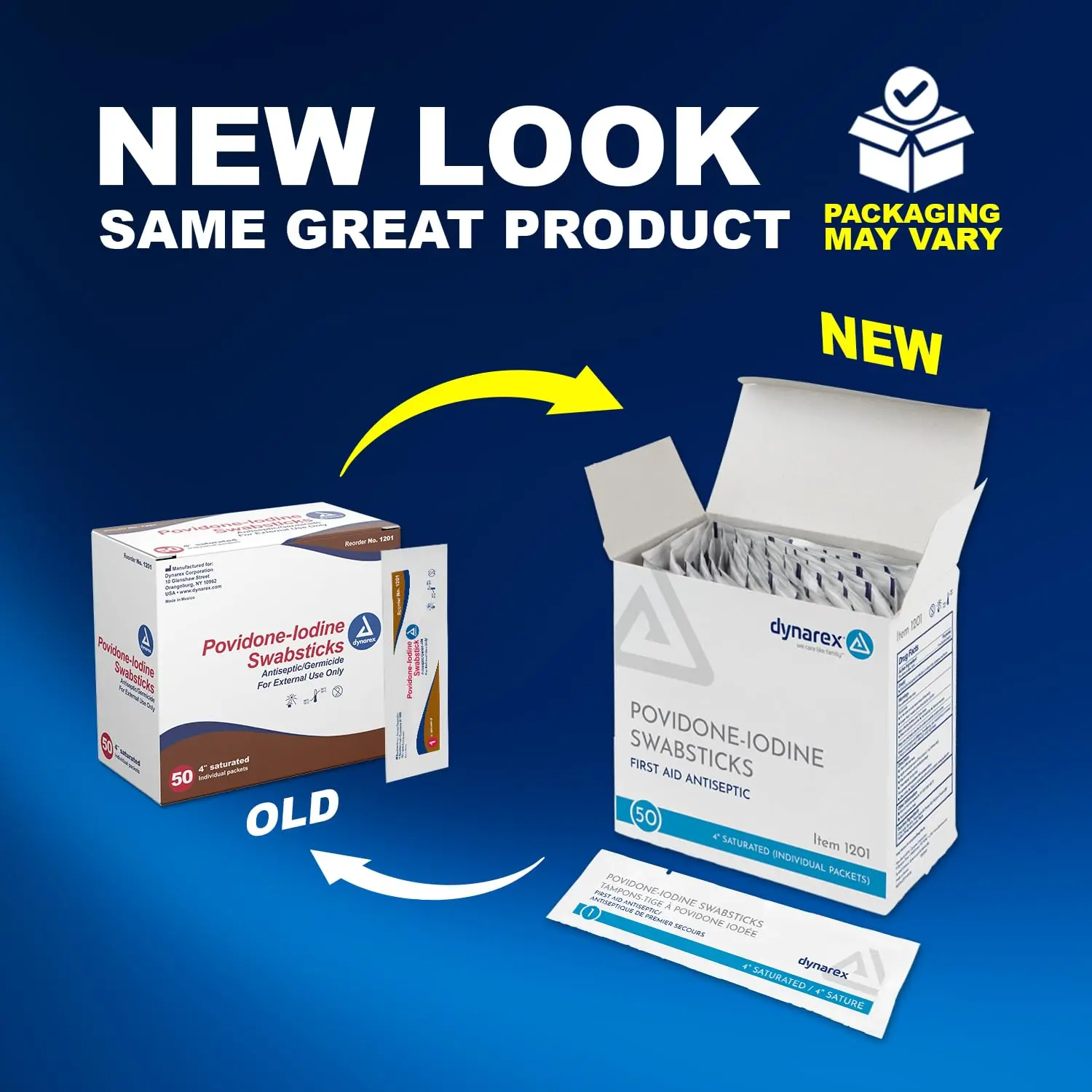 Dynarex povidone iodine swabsticks in individual foil packs for antiseptic skin preparation before minor procedures.