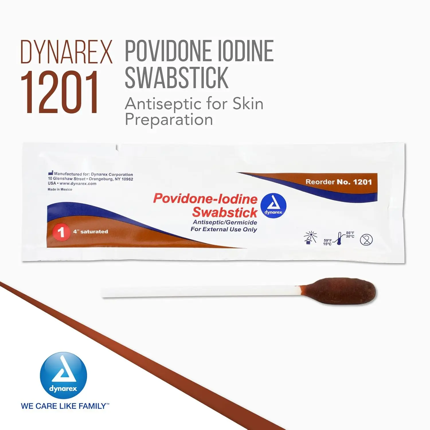 Dynarex povidone iodine swabsticks in individual foil packs for antiseptic skin preparation before minor procedures.