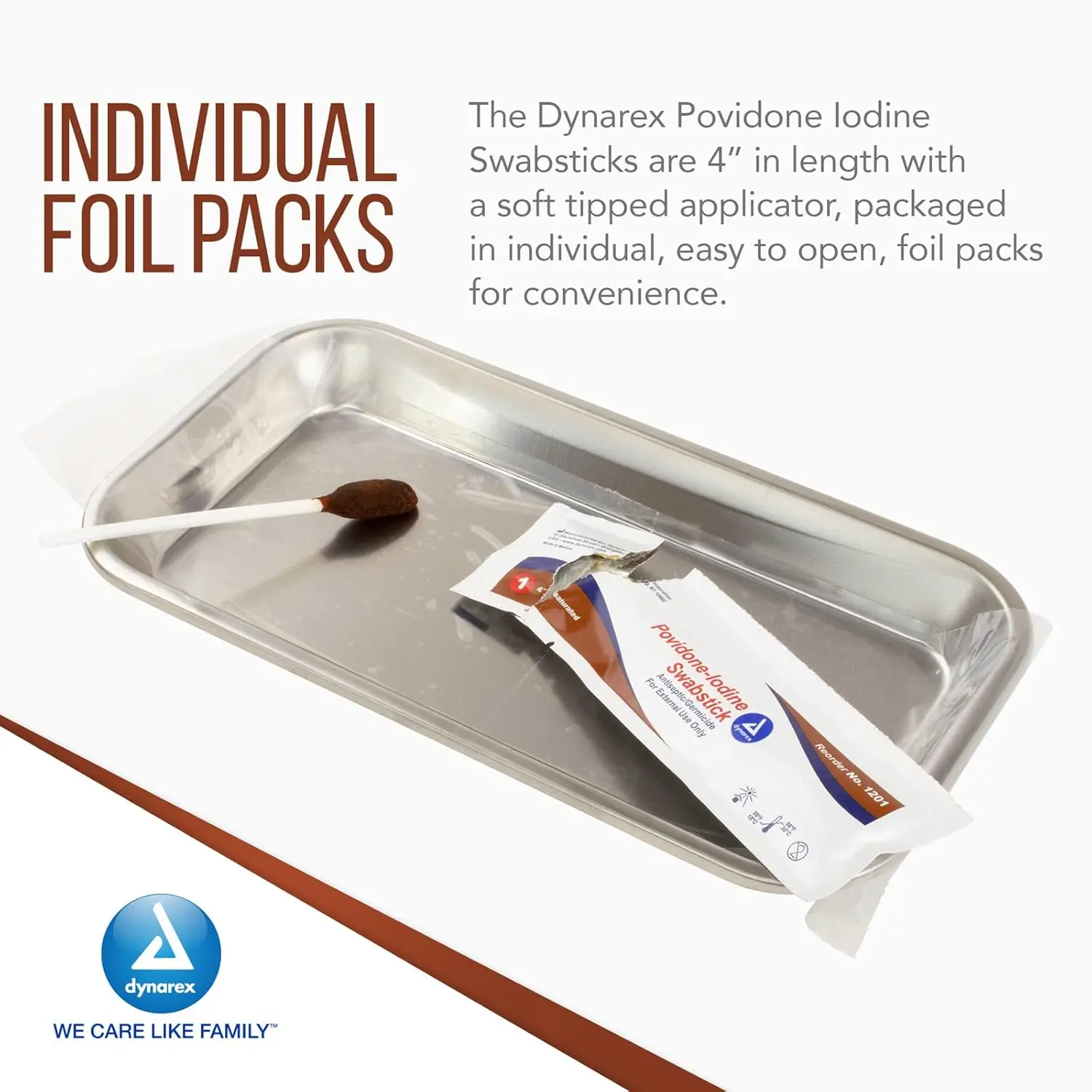 Dynarex povidone iodine swabsticks in individual foil packs for antiseptic skin preparation before minor procedures.