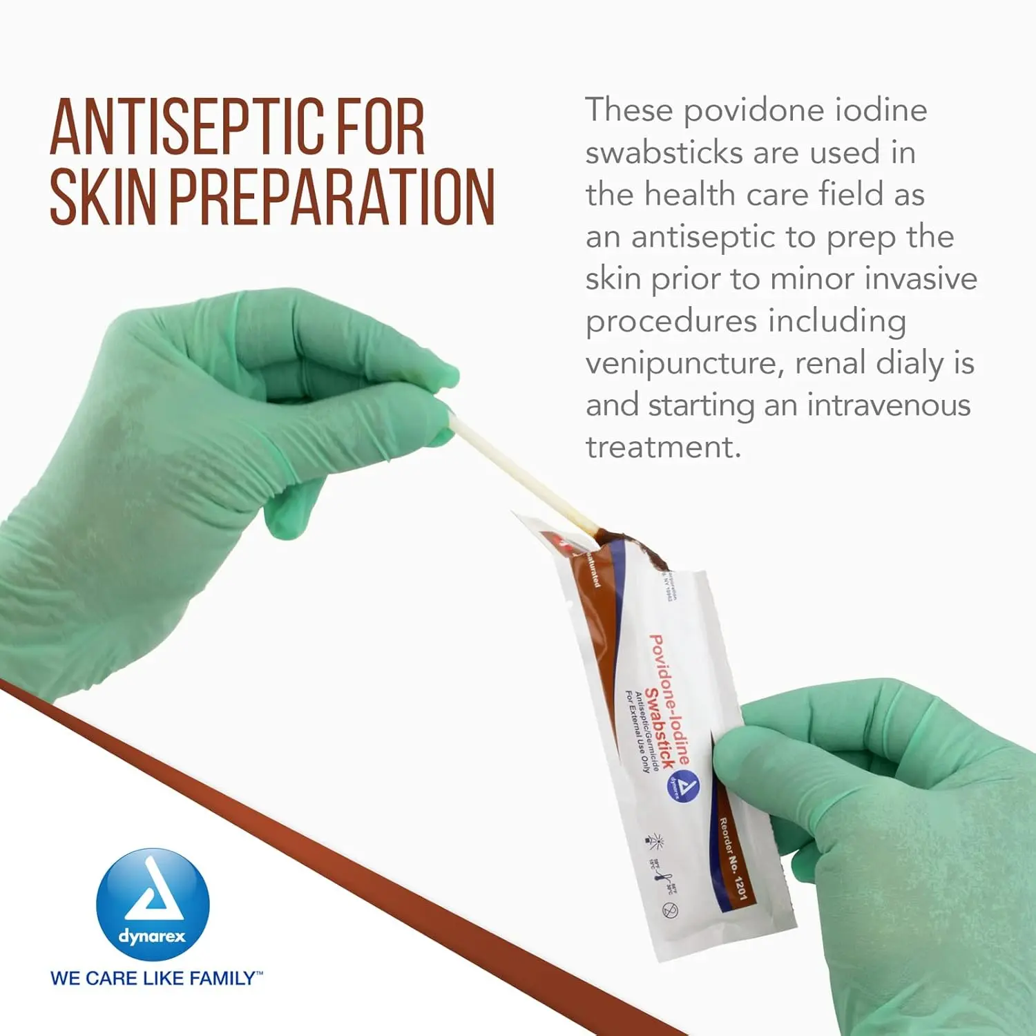 Dynarex povidone iodine swabsticks in individual foil packs for antiseptic skin preparation before minor procedures.