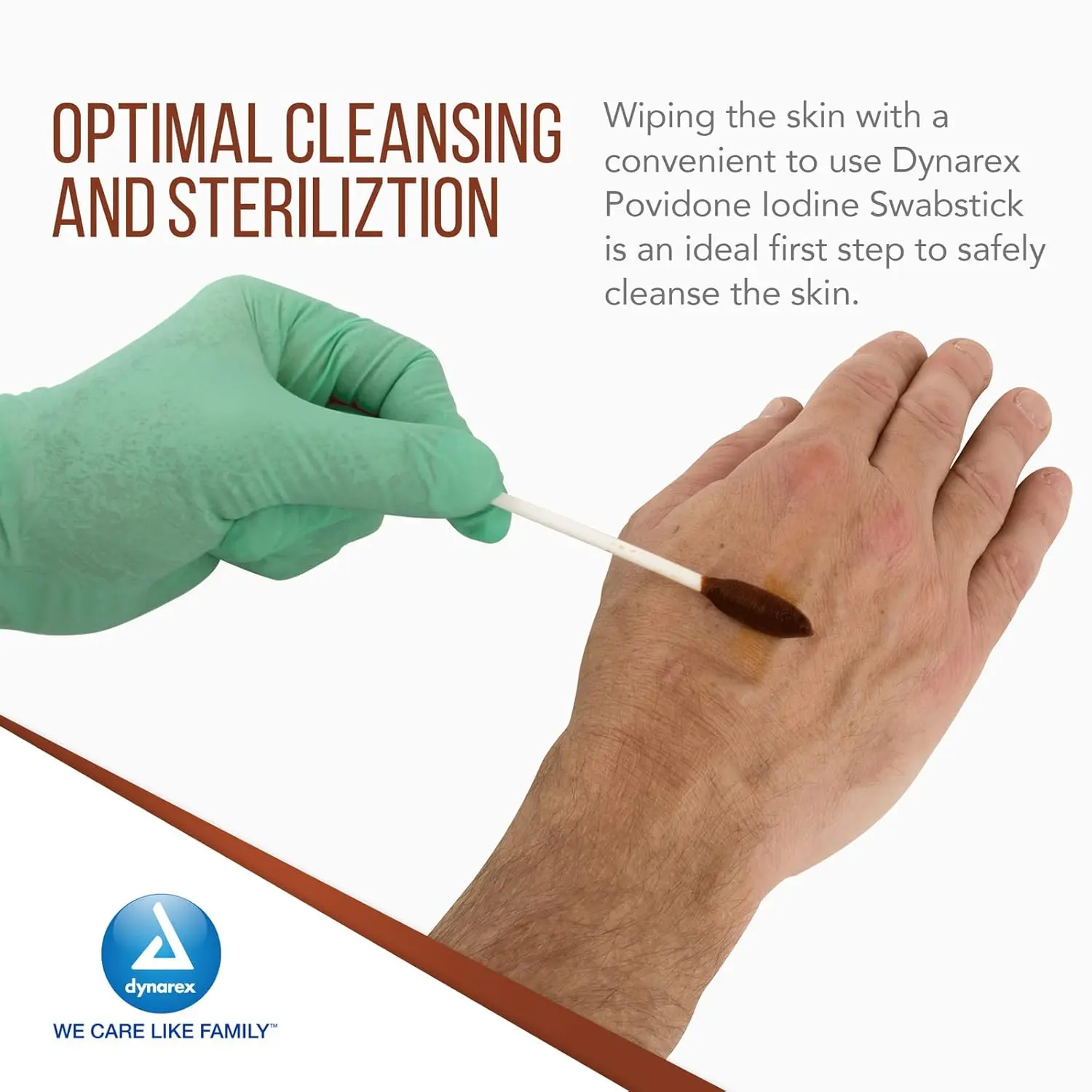 Dynarex povidone iodine swabsticks in individual foil packs for antiseptic skin preparation before minor procedures.