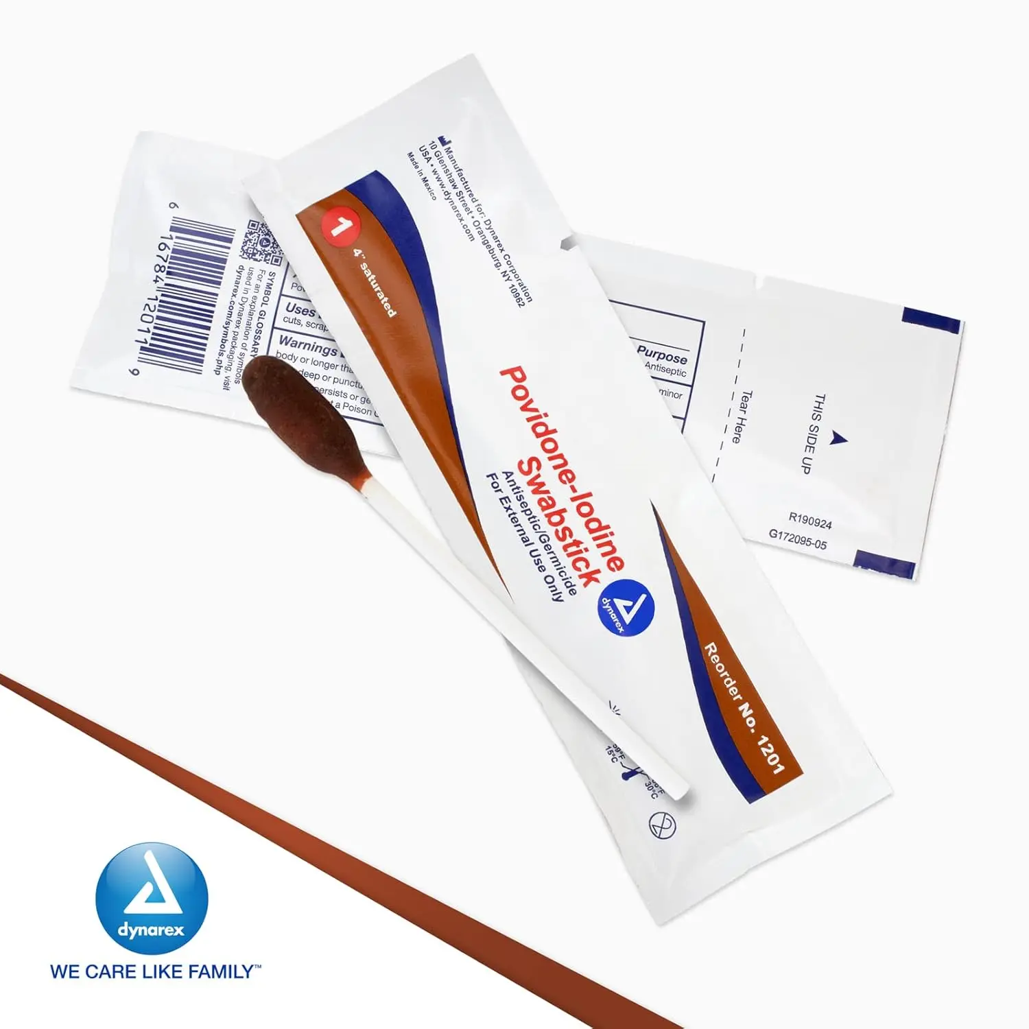 Dynarex povidone iodine swabsticks in individual foil packs for antiseptic skin preparation before minor procedures.