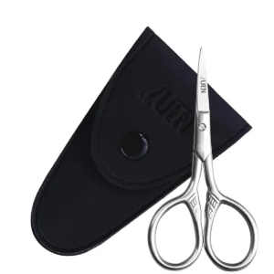 Small stainless steel precision scissors with a protective leather sheath, perfect for grooming facial hair and detailed craft work.