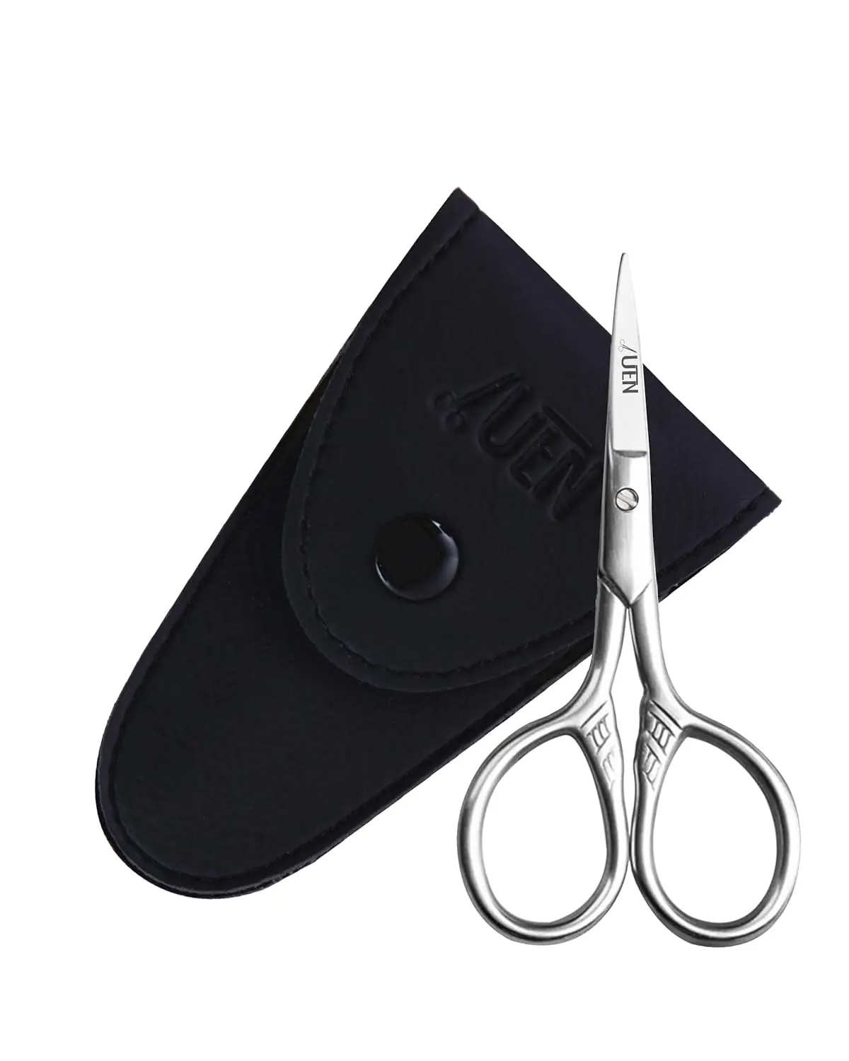 Small stainless steel precision scissors with a protective leather sheath, perfect for grooming facial hair and detailed craft work.
