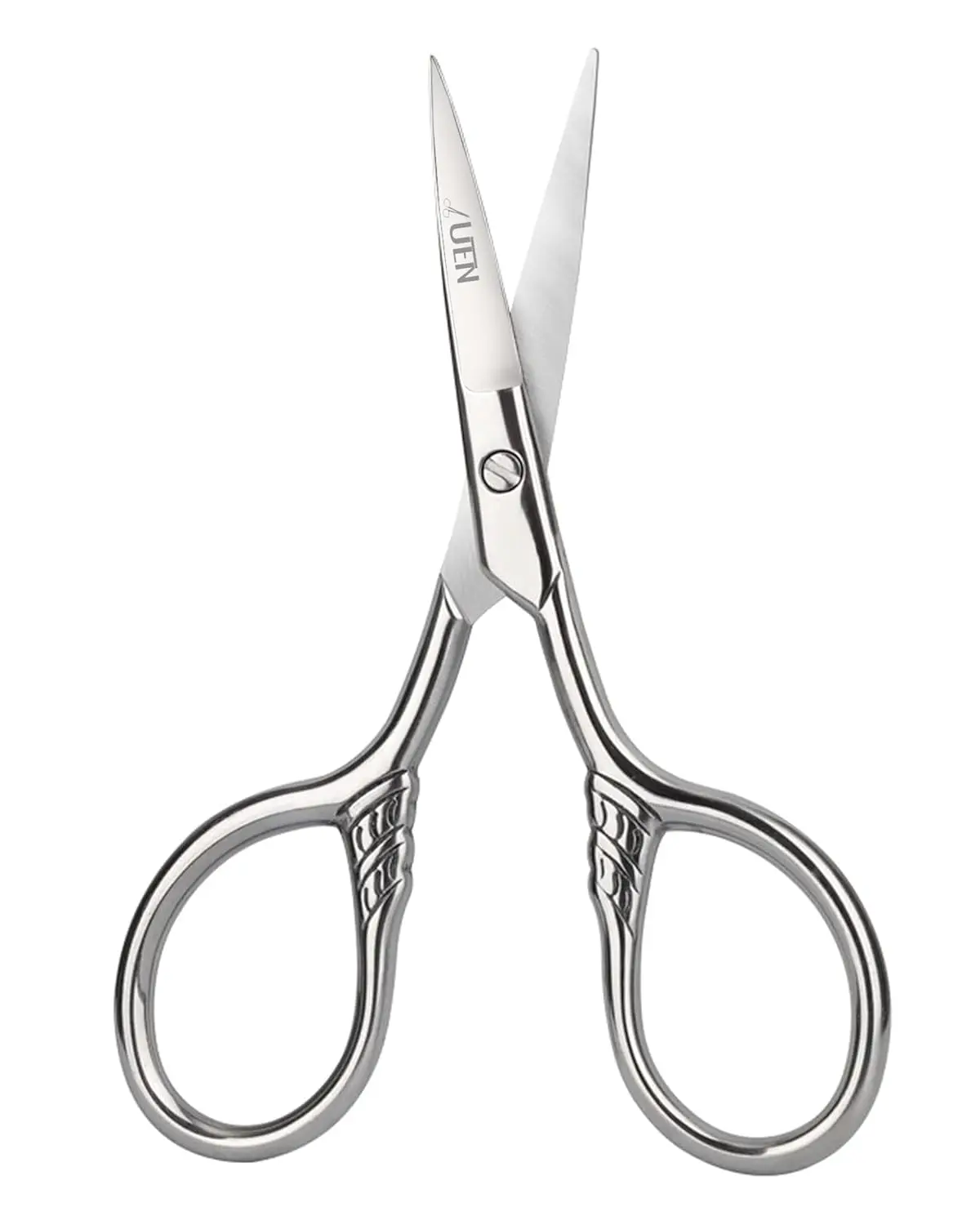 Small stainless steel precision scissors with a protective leather sheath, perfect for grooming facial hair and detailed craft work.
