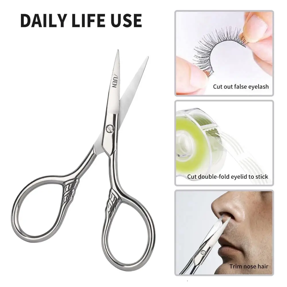 Small stainless steel precision scissors with a protective leather sheath, perfect for grooming facial hair and detailed craft work.