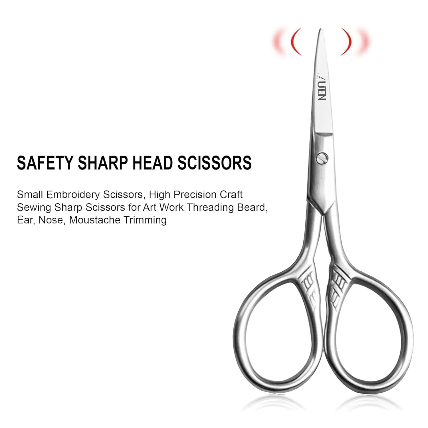 Small stainless steel precision scissors with a protective leather sheath, perfect for grooming facial hair and detailed craft work.