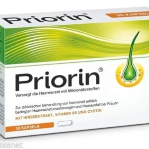 This image shows Priorin Bayer Intense hair loss capsules, a topical hair regrowth treatment manufactured by Bayer in a bottle of 60 capsules.
