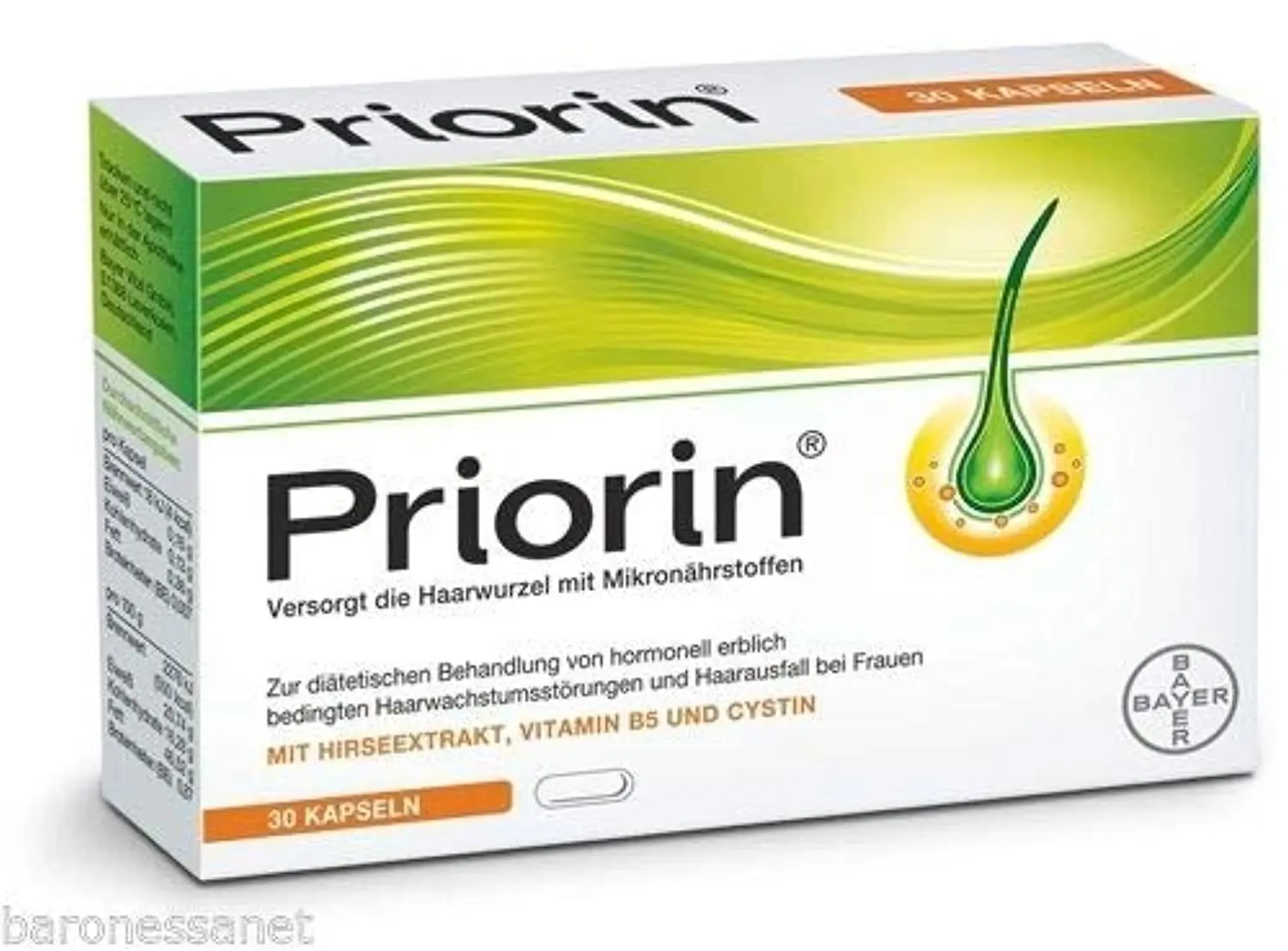 This image shows Priorin Bayer Intense hair loss capsules, a topical hair regrowth treatment manufactured by Bayer in a bottle of 60 capsules.