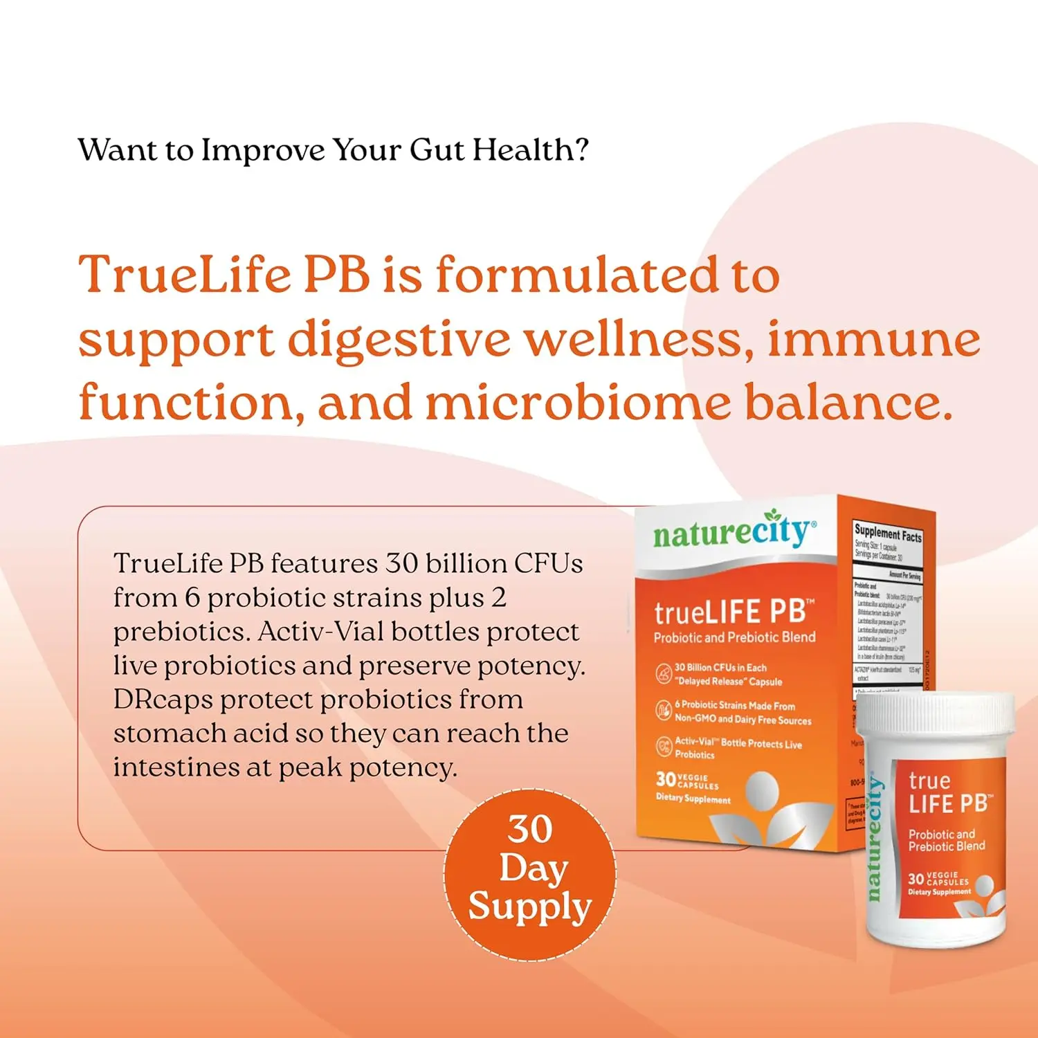 NatureCity True-Life-PB provides a shelf-stable probiotic and prebiotic blend in a dairy-free veggie capsule to support healthy digestion and immune function for both men and women.