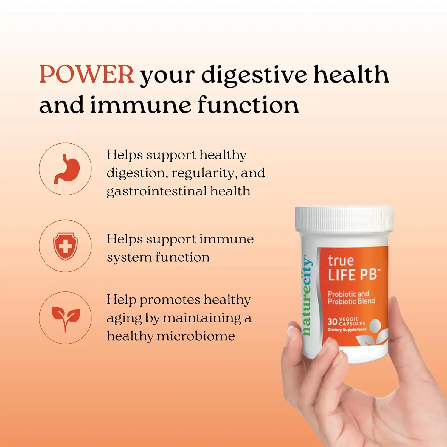 NatureCity True-Life-PB provides a shelf-stable probiotic and prebiotic blend in a dairy-free veggie capsule to support healthy digestion and immune function for both men and women.