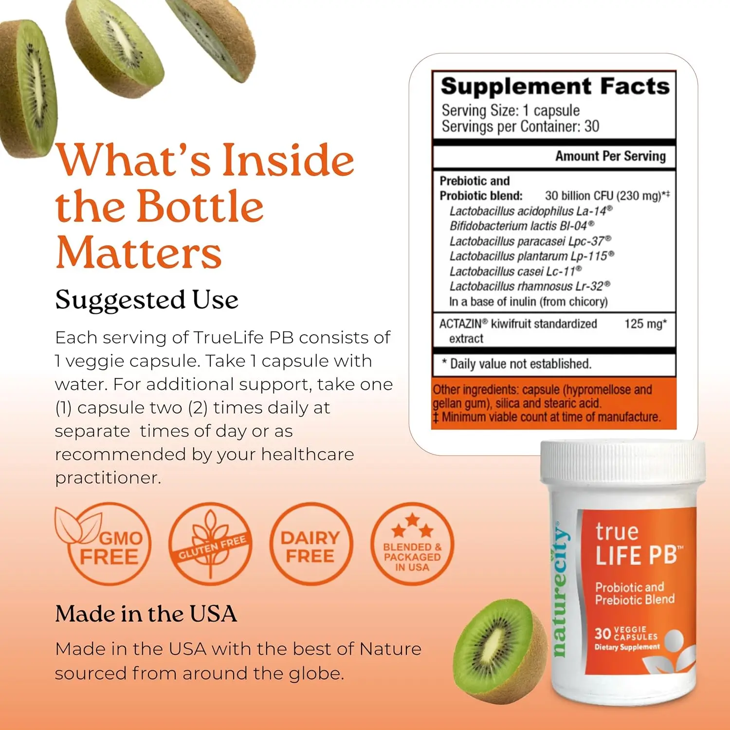 NatureCity True-Life-PB provides a shelf-stable probiotic and prebiotic blend in a dairy-free veggie capsule to support healthy digestion and immune function for both men and women.
