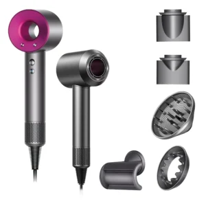 Professional low noise hair dryer with diffuser and concentrator attachments for fast, heat-controlled styling and healthy hair.