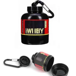 This black, portable protein powder container with a keychain and funnel is perfect for carrying pre-workout supplements to the gym or while traveling for fitness.