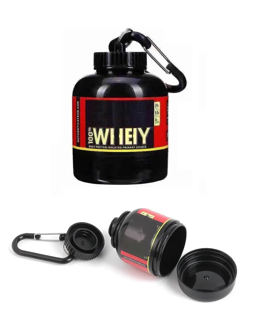This black, portable protein powder container with a keychain and funnel is perfect for carrying pre-workout supplements to the gym or while traveling for fitness.