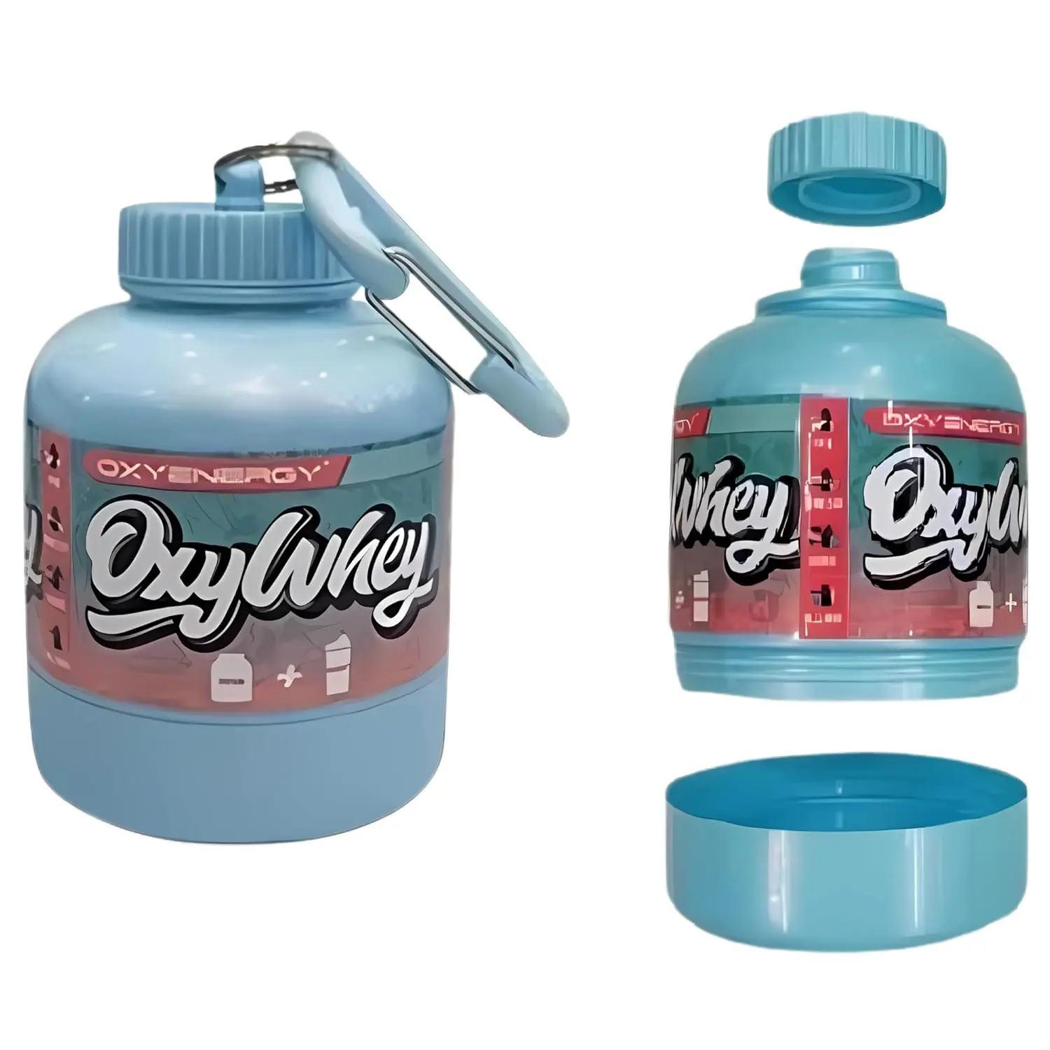 This black, portable protein powder container with a keychain and funnel is perfect for carrying pre-workout supplements to the gym or while traveling for fitness.