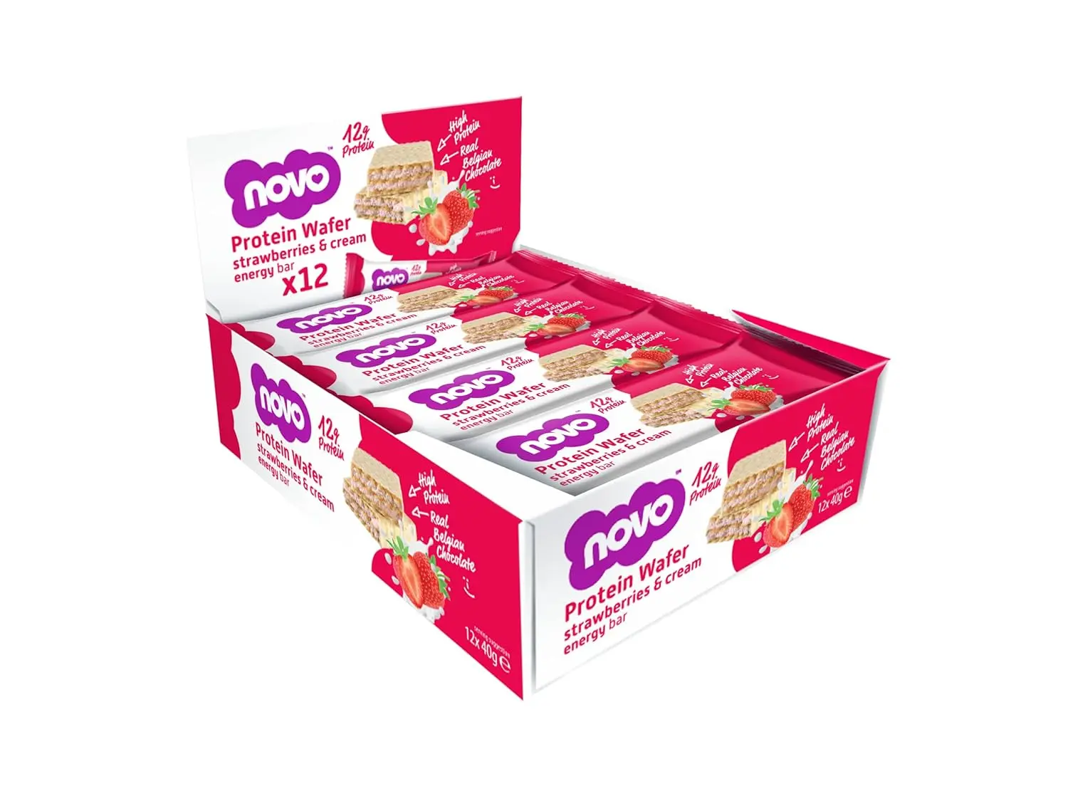 Novo protein wafer bar with strawberries and cream flavor covered in real Belgian chocolate, providing 13g of protein per serving.
