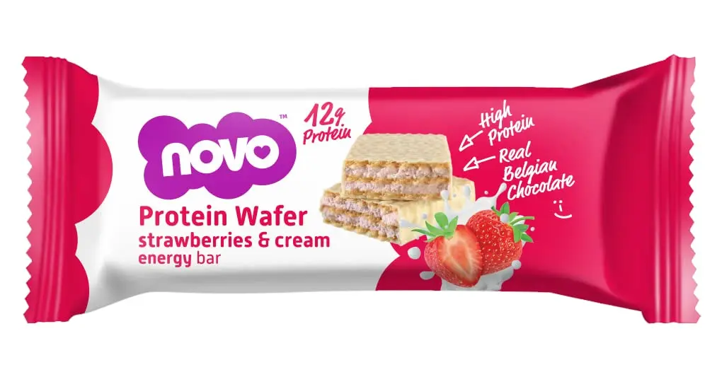 Novo protein wafer bar with strawberries and cream flavor covered in real Belgian chocolate, providing 13g of protein per serving.