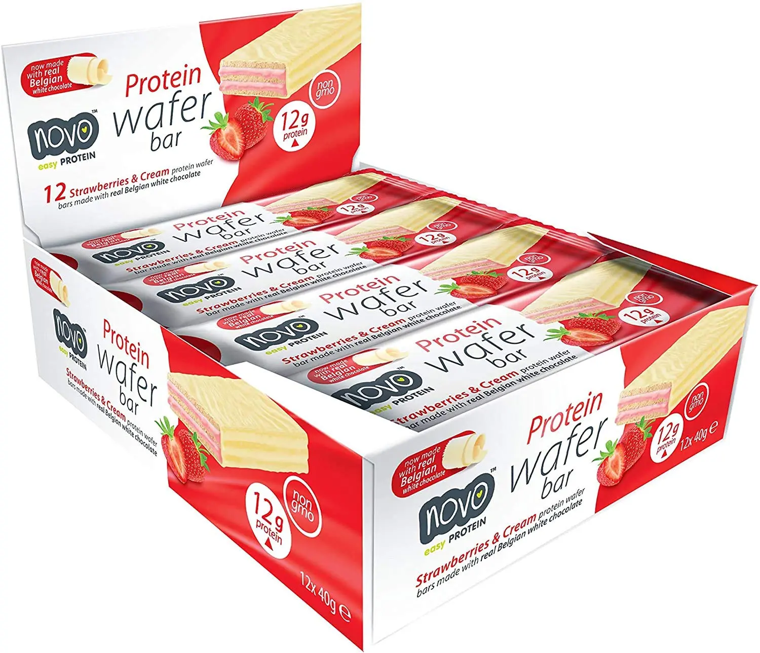 Novo protein wafer bar with strawberries and cream flavor covered in real Belgian chocolate, providing 13g of protein per serving.