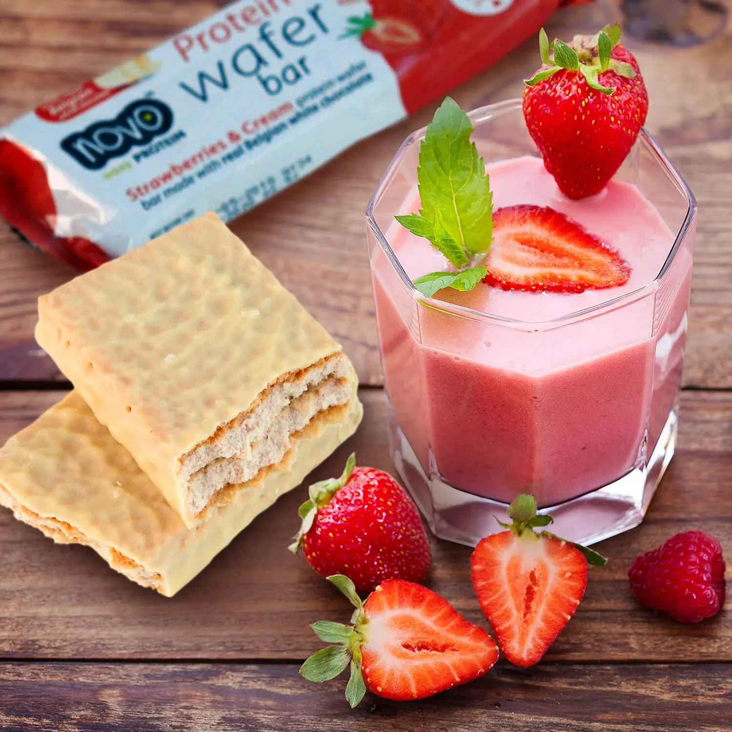 Novo protein wafer bar with strawberries and cream flavor covered in real Belgian chocolate, providing 13g of protein per serving.
