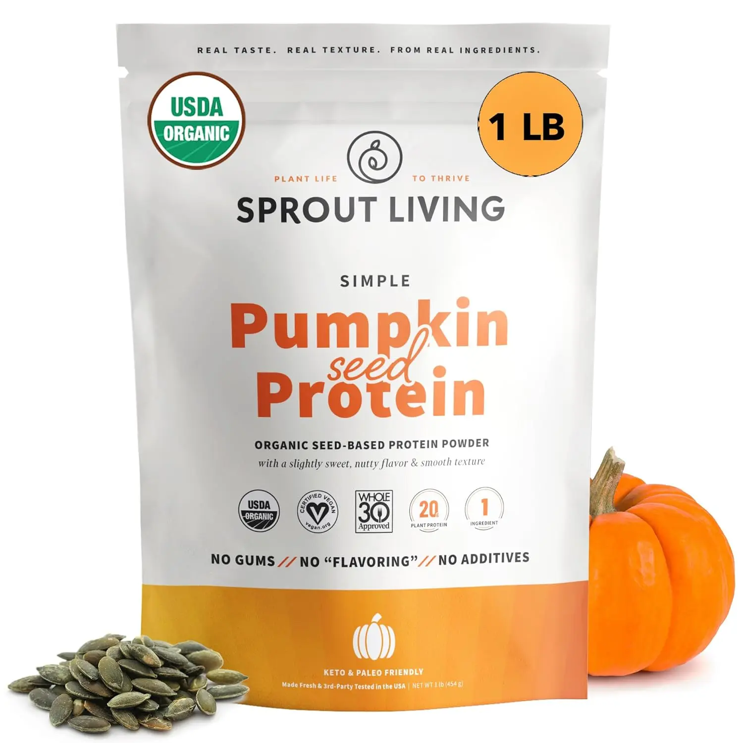 Sprout Living Simple pumpkin seed protein powder offers 20 grams of organic, plant-based vegan protein in each serving, free of artificial sweeteners and packed with essential fatty acids.