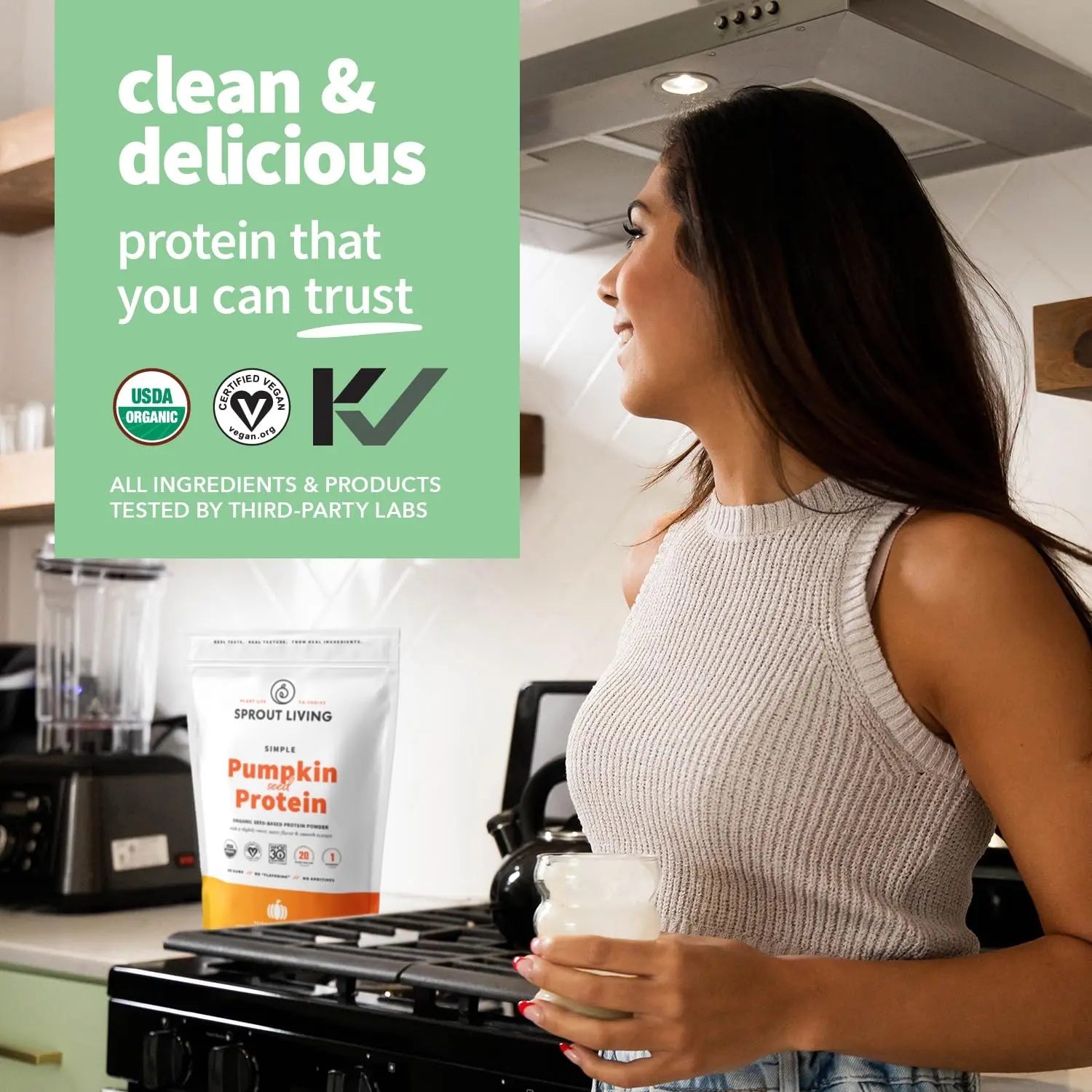 Sprout Living Simple pumpkin seed protein powder offers 20 grams of organic, plant-based vegan protein in each serving, free of artificial sweeteners and packed with essential fatty acids.
