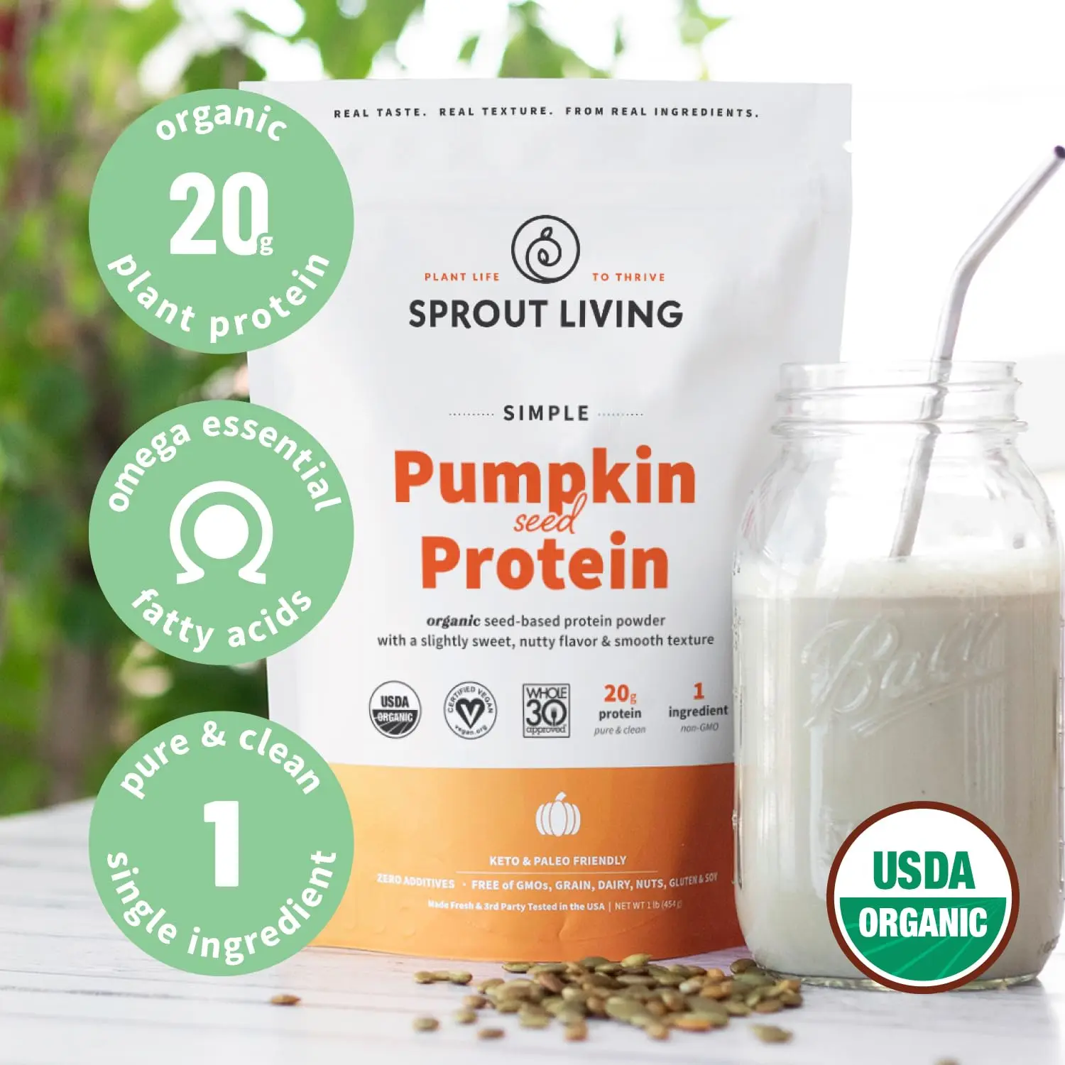Sprout Living Simple pumpkin seed protein powder offers 20 grams of organic, plant-based vegan protein in each serving, free of artificial sweeteners and packed with essential fatty acids.