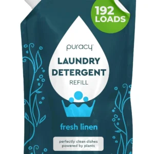 Puracy natural, scent-free laundry detergent refill pouch, formulated by doctors for sensitive skin and allergy sufferers, free of harsh chemicals and dyes.
