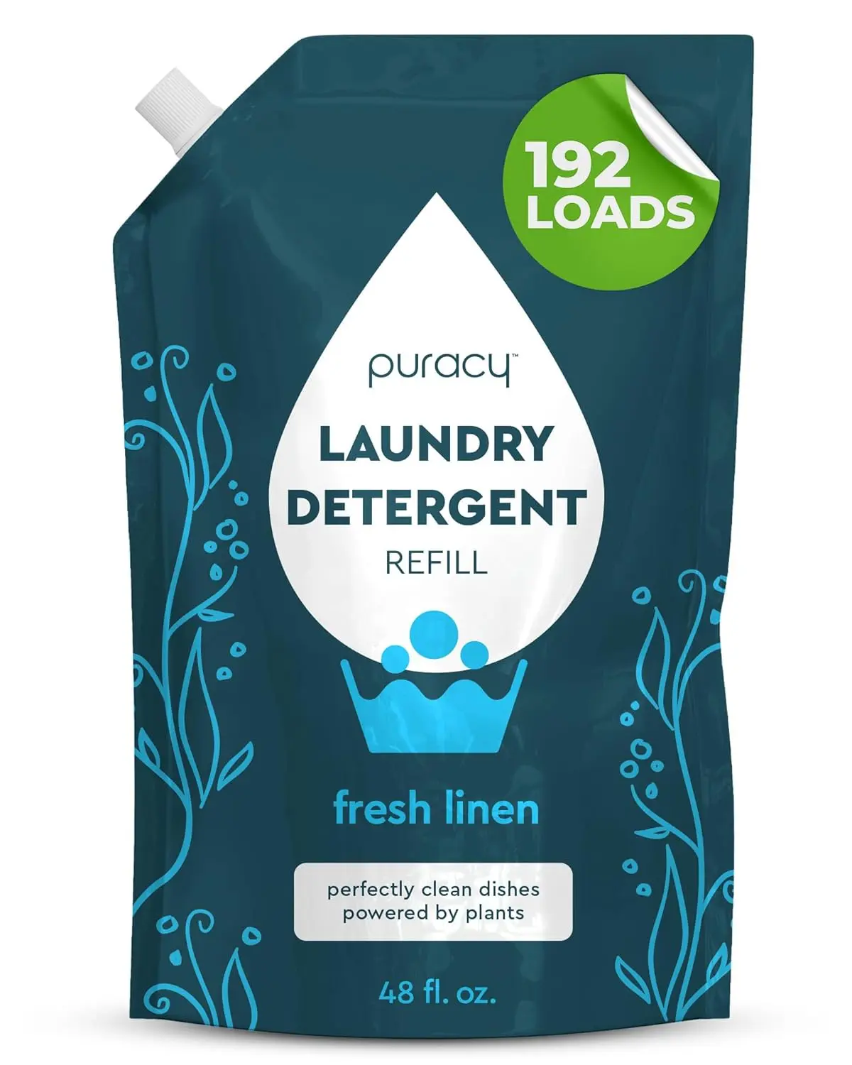 Puracy natural, scent-free laundry detergent refill pouch, formulated by doctors for sensitive skin and allergy sufferers, free of harsh chemicals and dyes.