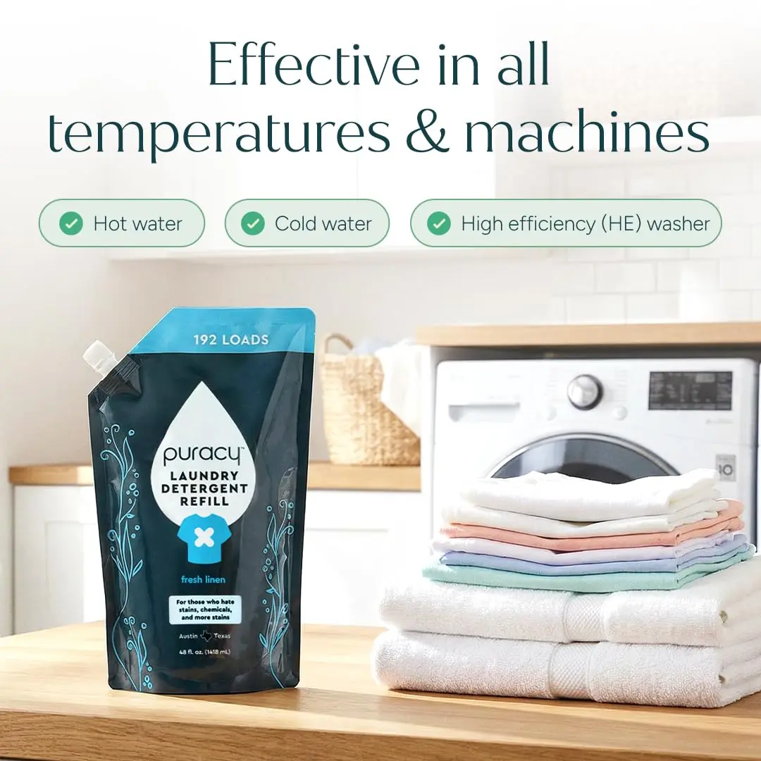 Puracy natural, scent-free laundry detergent refill pouch, formulated by doctors for sensitive skin and allergy sufferers, free of harsh chemicals and dyes.