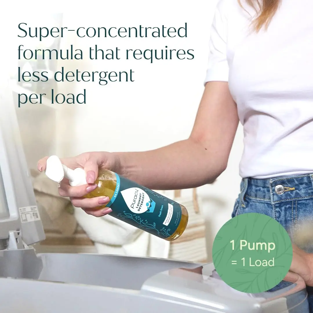 Puracy natural, scent-free laundry detergent refill pouch, formulated by doctors for sensitive skin and allergy sufferers, free of harsh chemicals and dyes.