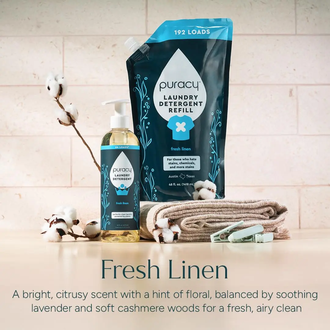 Puracy natural, scent-free laundry detergent refill pouch, formulated by doctors for sensitive skin and allergy sufferers, free of harsh chemicals and dyes.