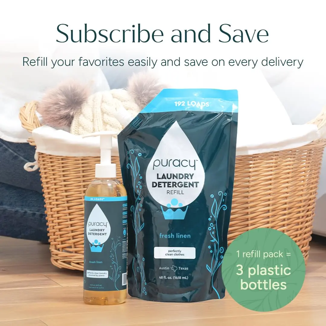 Puracy natural, scent-free laundry detergent refill pouch, formulated by doctors for sensitive skin and allergy sufferers, free of harsh chemicals and dyes.