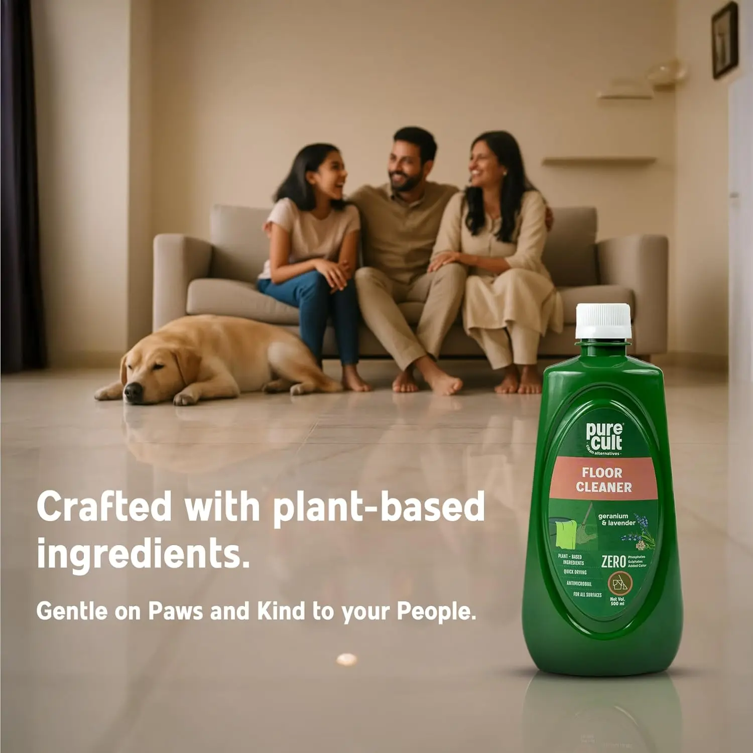PureCult floor cleaner with geranium and lavender essential oils is safe for kids, pets, and all floor types leaving a long-lasting, luxury fragrance.