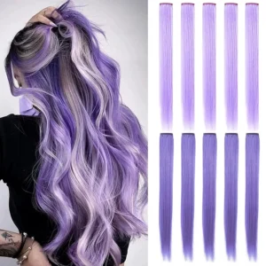 Ten 20-inch light purple clip in hair extensions made of heat-resistant synthetic fiber for adding colorful highlights to women's hair for parties and cosplay.