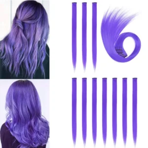 Ten purple clip in hair extensions are displayed, perfect for adding highlights and style to any look.
