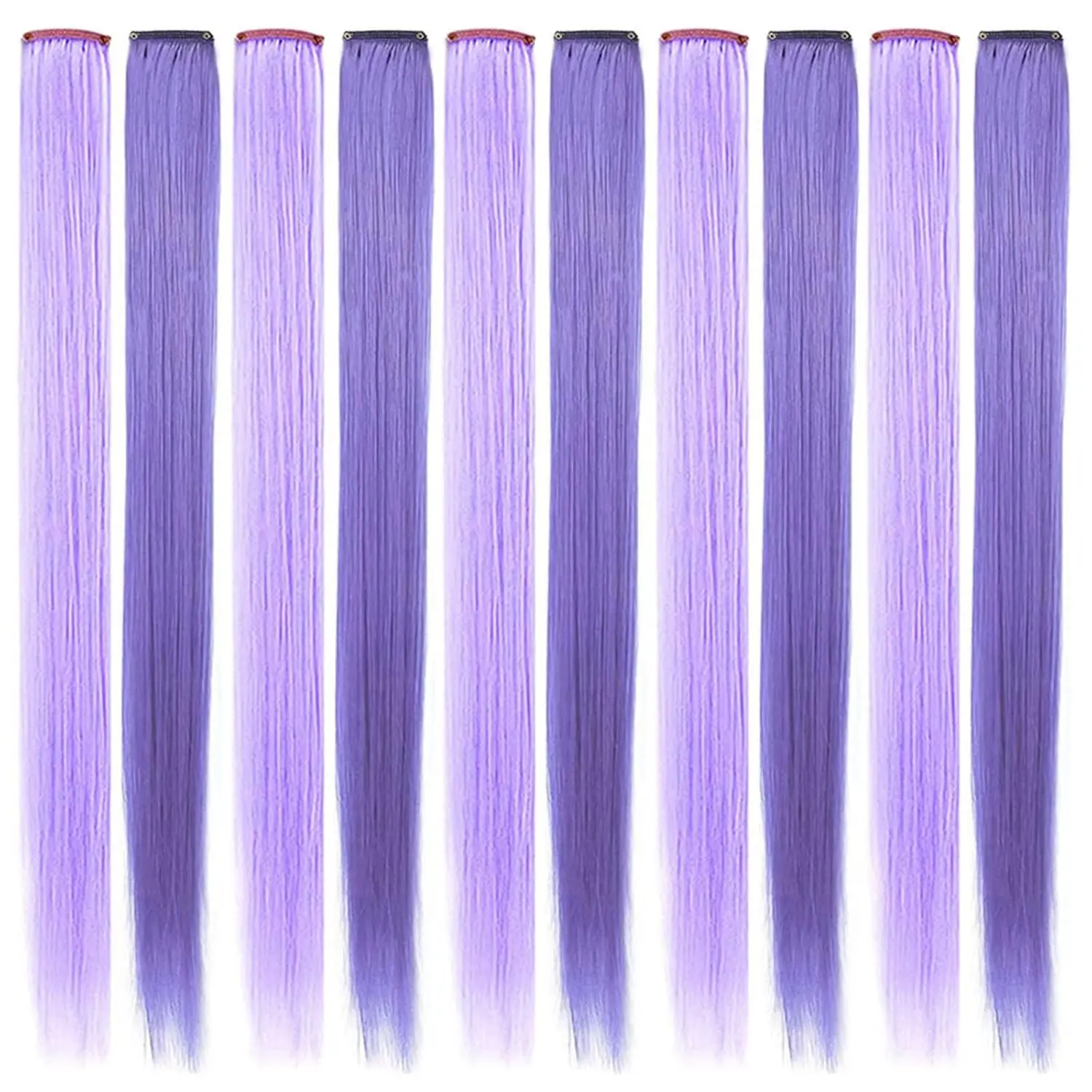 Ten 20-inch light purple clip in hair extensions made of heat-resistant synthetic fiber for adding colorful highlights to women's hair for parties and cosplay.